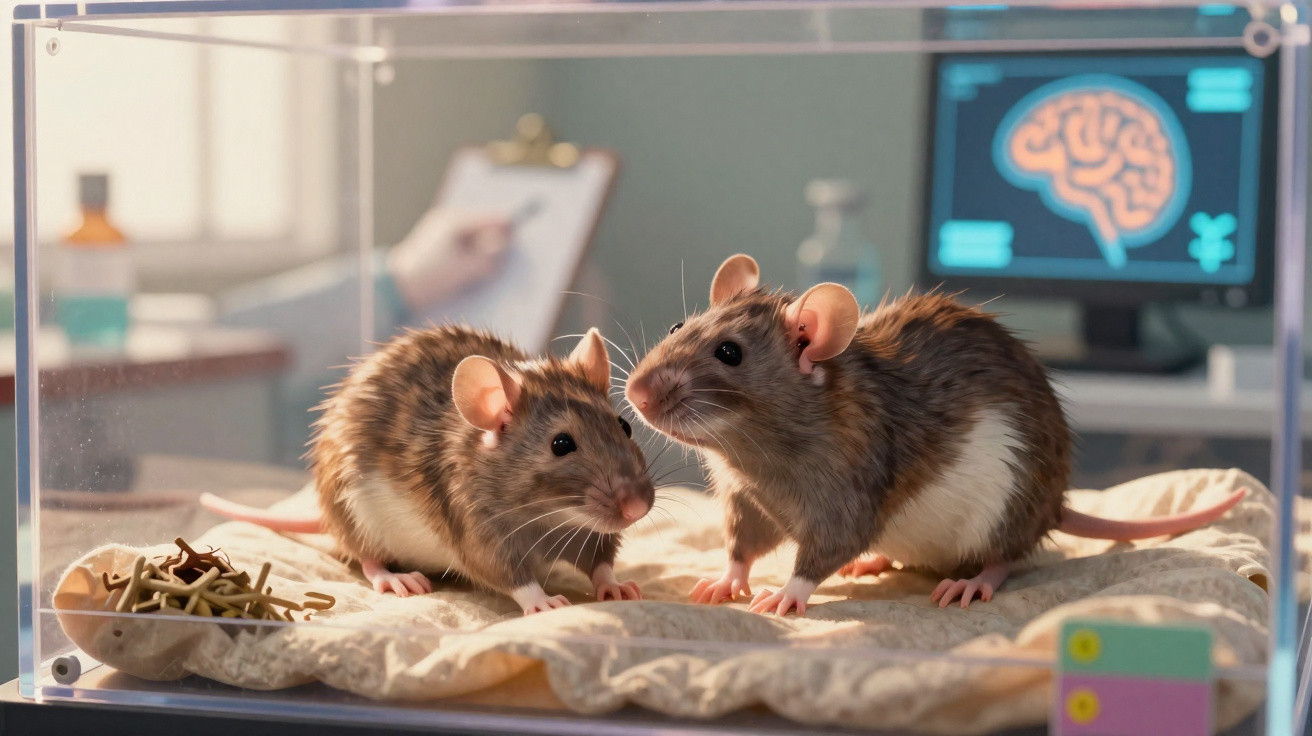 Zwei Laborratten in einem Terrarium mit Gehirnscan auf einem Computer im Hintergrund.