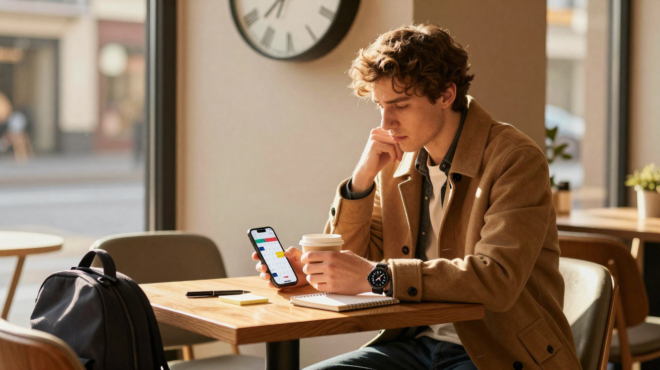Junger Mann sitzt im Café, schaut auf Smartphone und hält einen Kaffeebecher, neben Notizbuch und Stift auf dem Tisch.