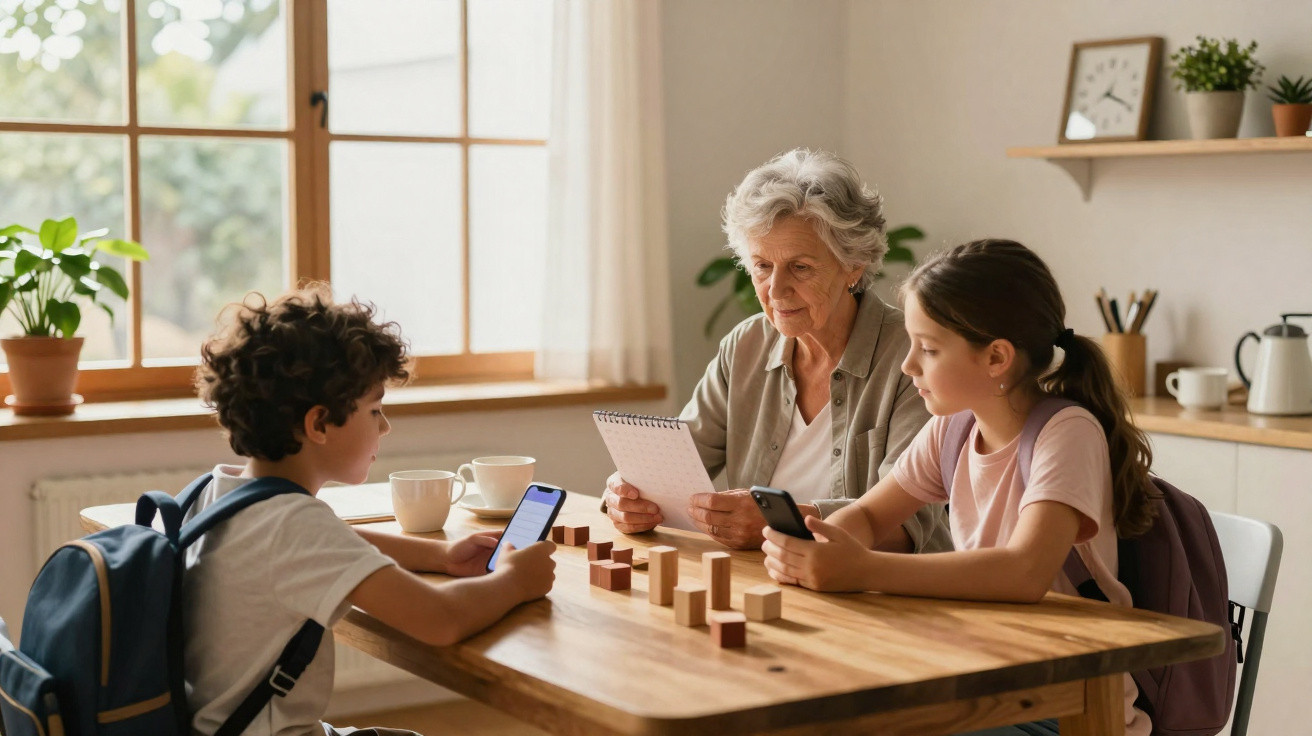 Ältere Frau sitzt mit zwei Kindern am Tisch, die jeweils ein Smartphone benutzen und Holzklötze spielen.