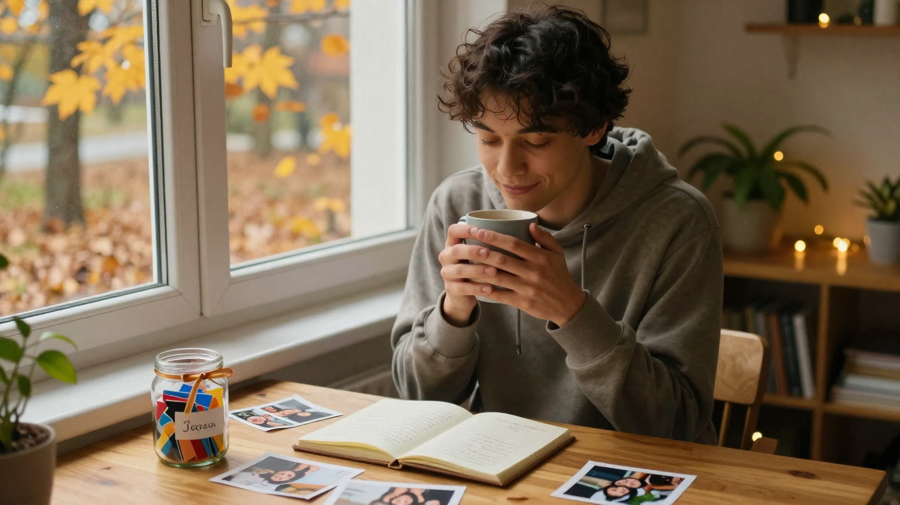 Junger Mann trinkt Kaffee und liest Notizen am Holztisch mit Fotos und Herbstlaub am Fenster.