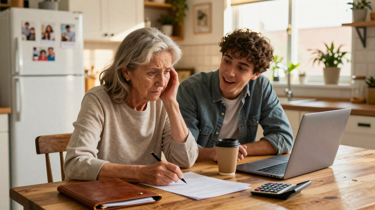 Junge hilft älterer Frau bei Papierkram in heller Wohnküche mit Laptop und Taschenrechner am Tisch.