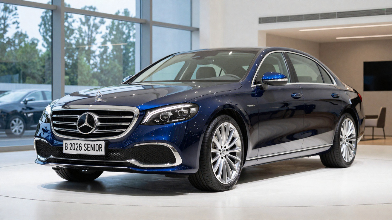 Dunkelblaue Mercedes-Benz Limousine in einem modernen Autohaus auf weißem Boden stehend.