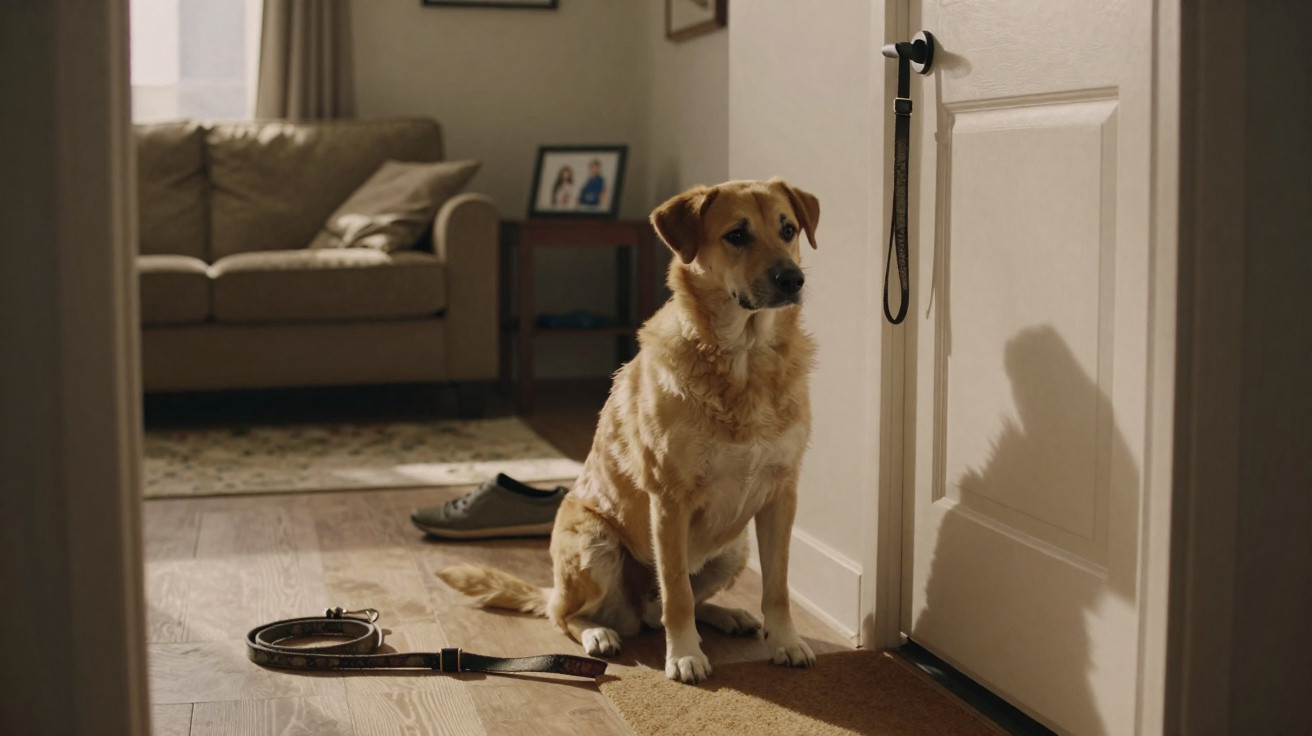 Ein Hund sitzt wartend vor einer geschlossenen Tür in einem Wohnzimmer mit Sofa und Schuhe auf dem Boden.