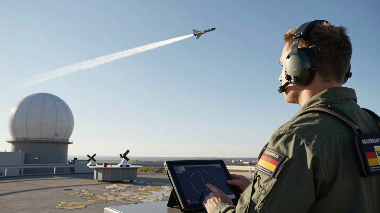 Ein Soldat mit Headset bedient ein Tablet, während ein Kampfjet am Himmel einen Kondensstreifen hinterlässt.