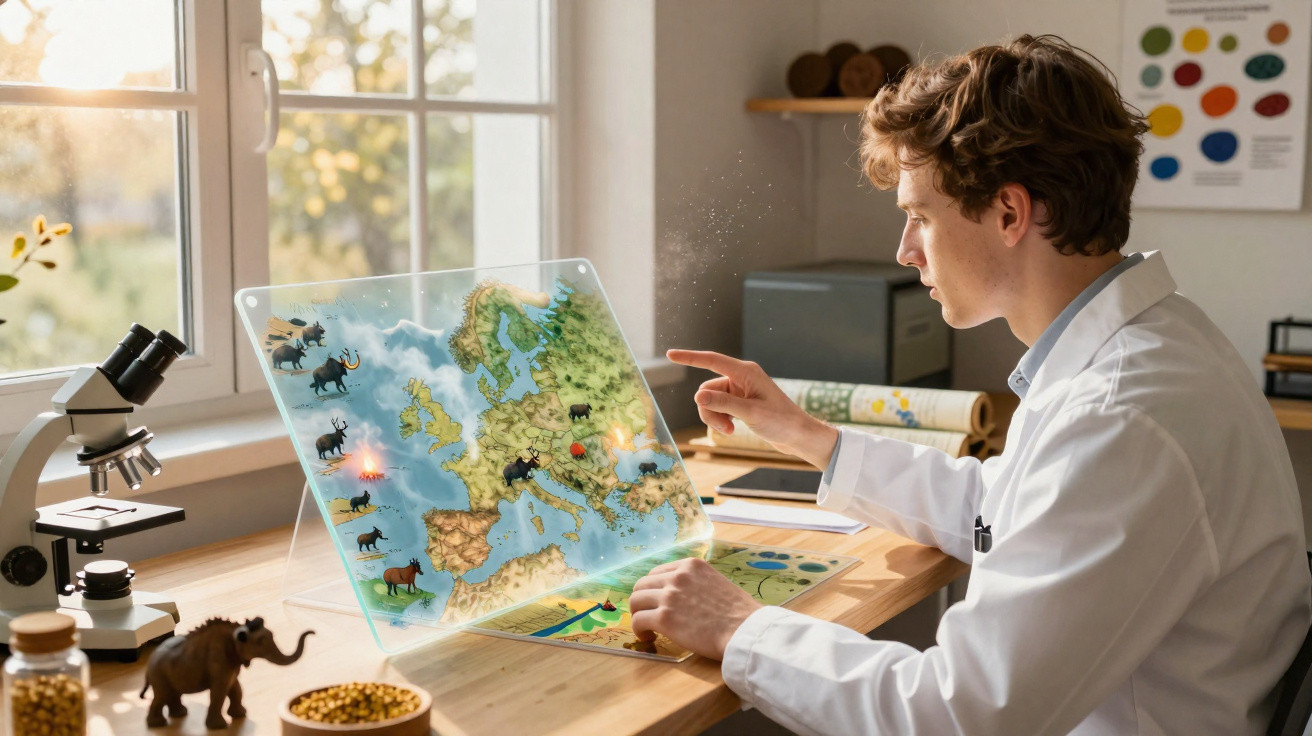 Junger Wissenschaftler mit Laborjacke untersucht interaktive Europakarte mit Tierillustrationen am Schreibtisch.
