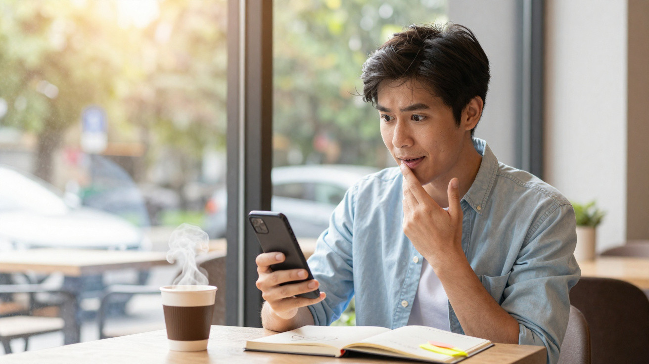 Junger Mann sitzt im Café, schaut überrascht auf sein Smartphone, dampfender Kaffee und offenes Buch vor ihm.