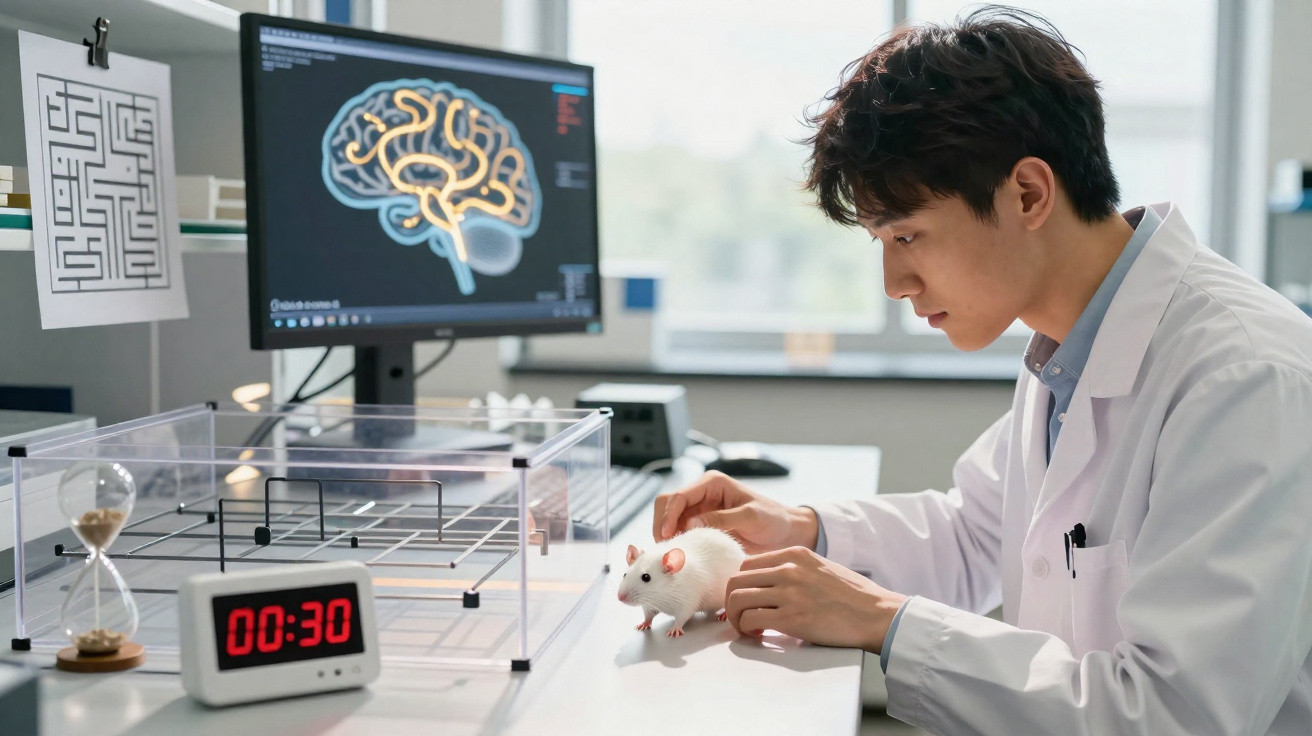 Wissenschaftler im Labor untersucht weiße Laborratte mit Gehirnscan auf Bildschirm und Labyrinthtest.