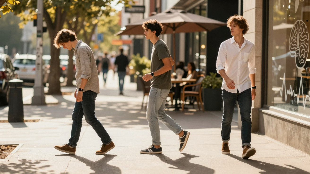 Drei junge Männer in lässiger Kleidung gehen an einem sonnigen Tag auf einem Bürgersteig in der Stadt entlang.