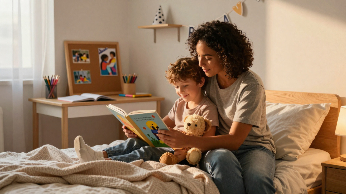 Frau liest kleinem Jungen mit Teddybär im Bett ein Buch vor, sonnendurchflutetes Zimmer.