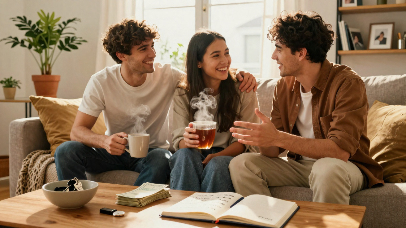 Drei Freunde sitzen auf dem Sofa, trinken heißen Tee und unterhalten sich fröhlich im Wohnzimmer.