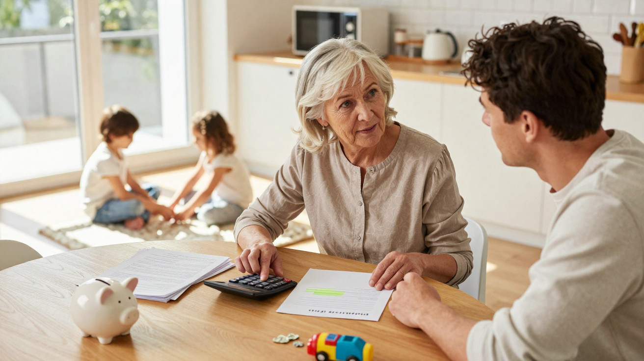 Ältere Frau erklärt einem Mann Finanzen am Küchentisch, während zwei Kinder im Hintergrund spielen.
