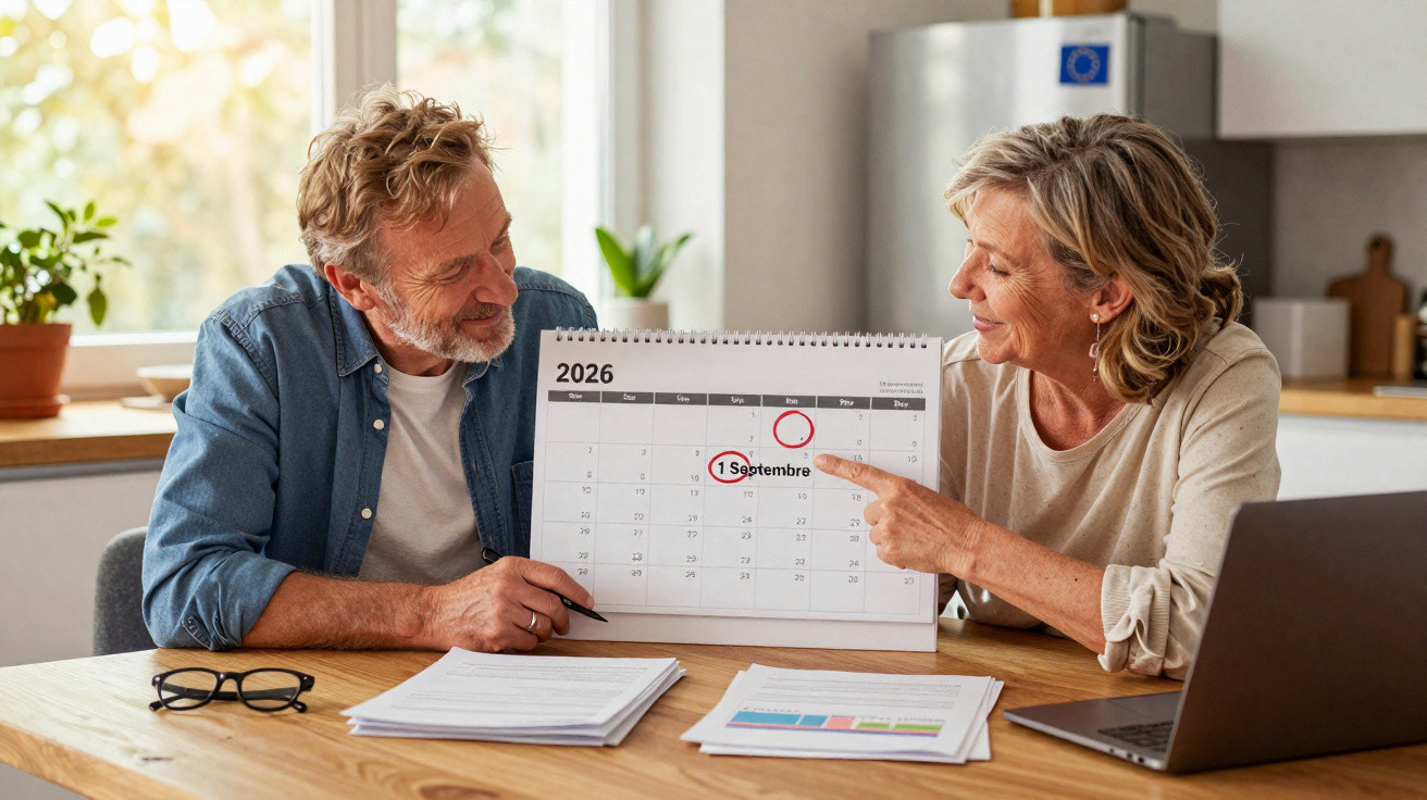 Älteres Paar bespricht Termin am 1. September 2026 auf Kalender in hellem Wohnzimmer.