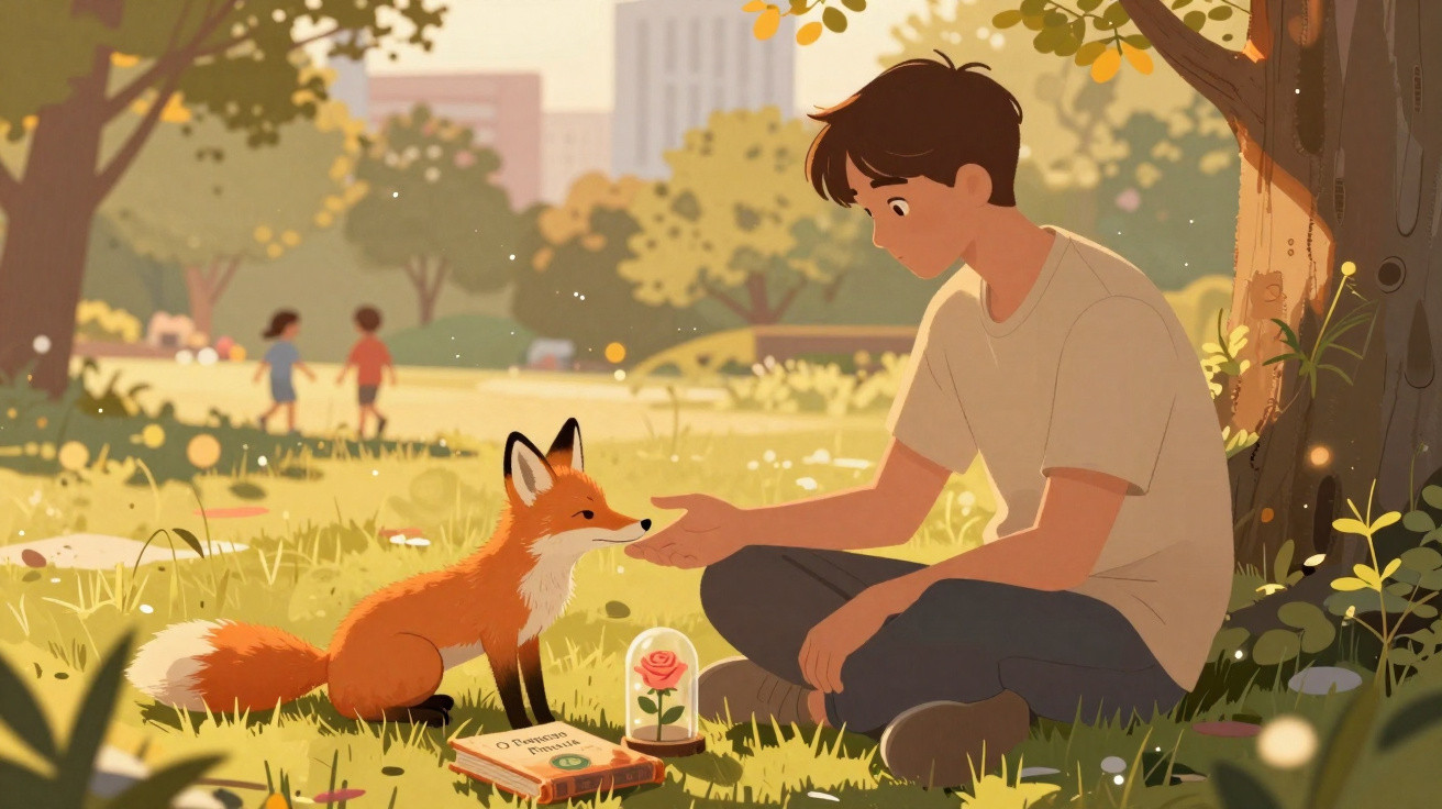 Ein Junge sitzt im Park und streckt die Hand zu einem Fuchs aus, umgeben von Natur und Büchern.