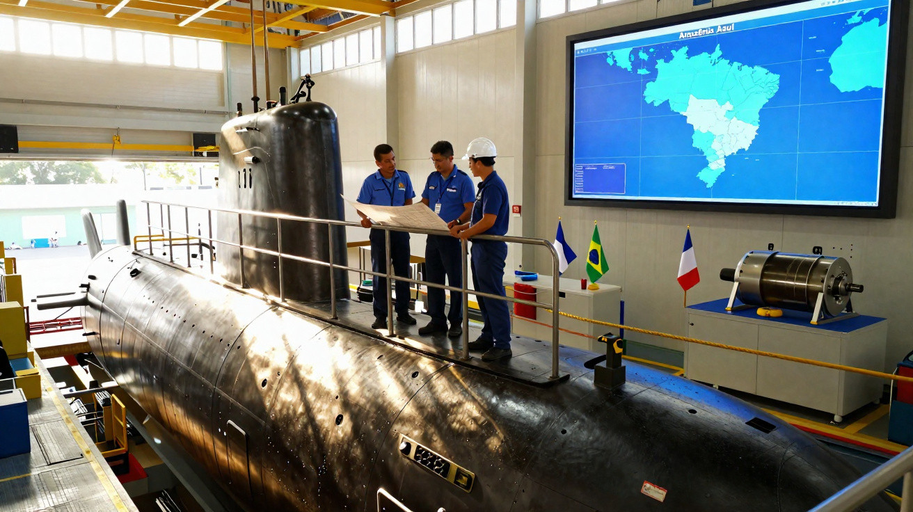 Ingenieure besprechen Pläne auf einem U-Boot in einer Werkhalle mit einer Brasilien-Karte an der Wand.