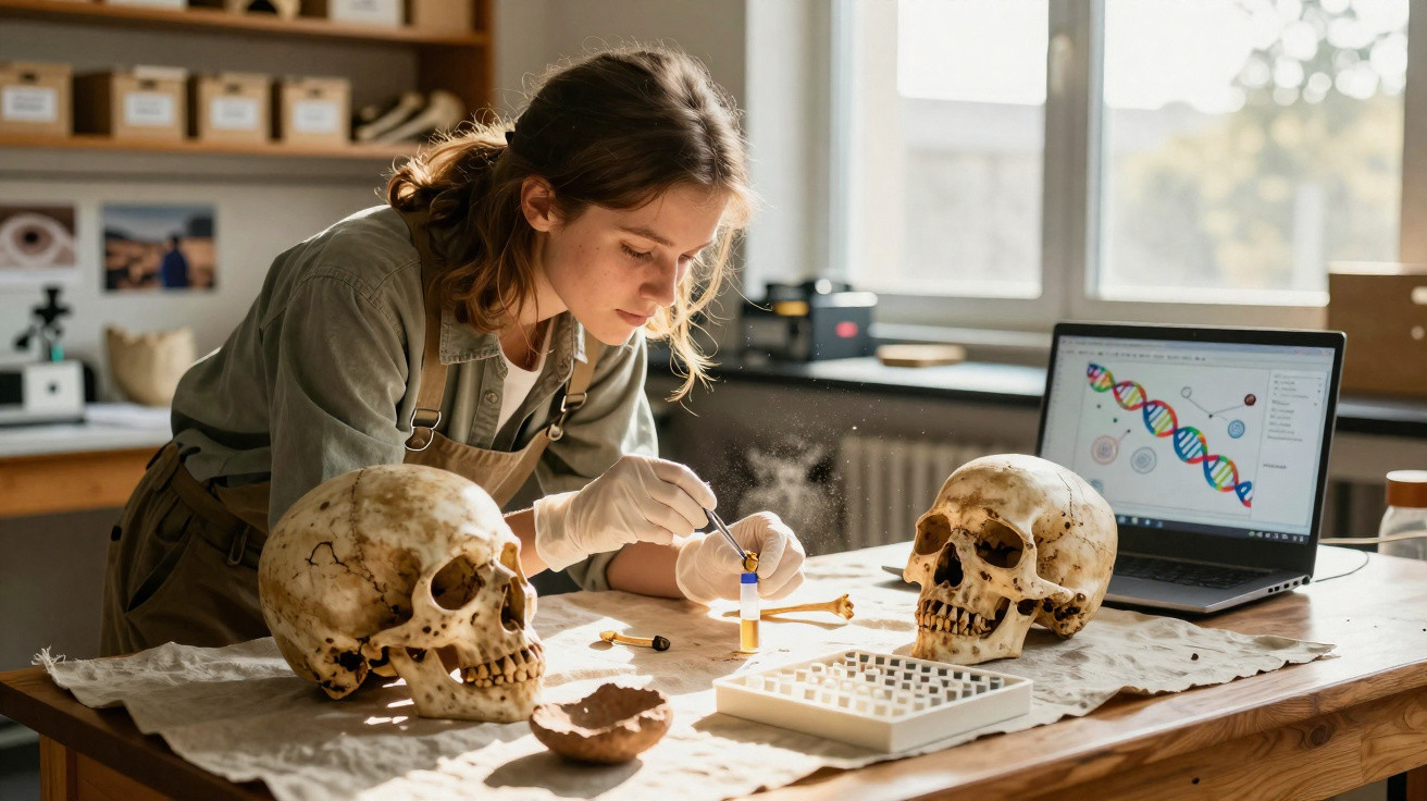 Wissenschaftlerin analysiert Knochenproben mit Schädeln und Laptop im Labor mit DNA-Diagramm auf dem Bildschirm.