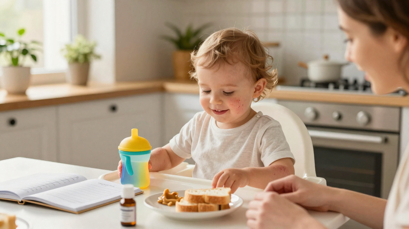 Kleines Kind sitzt am Küchentisch, hält Trinkbecher, vor ihm Teller mit Brot, Erwachsene beobachtet.