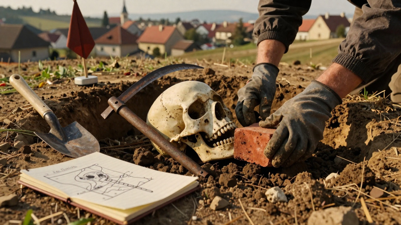Archäologe legt Ziegelstein neben menschlichen Schädel bei Ausgrabung im Freien mit Skizze und Werkzeugen.