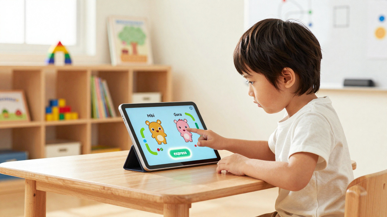 Kind spielt mit Lern-App auf Tablet an Holztisch in hellem, kindgerechtem Raum.