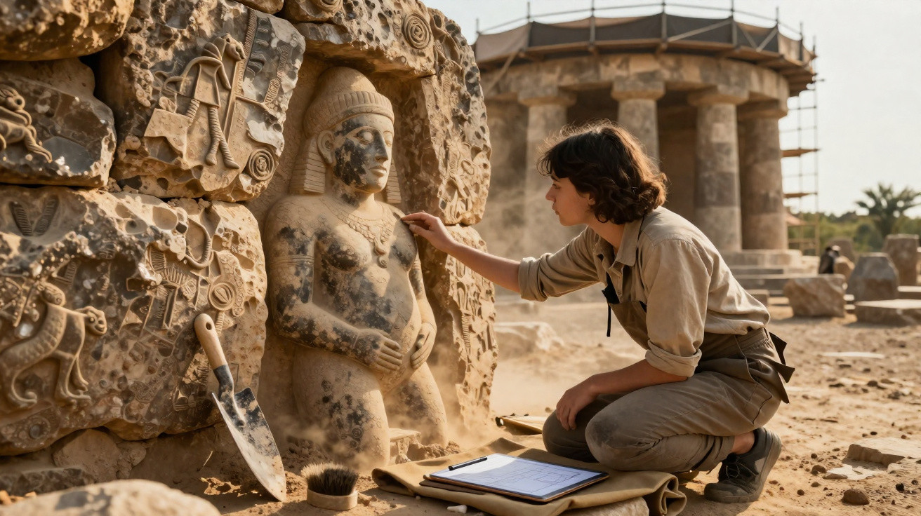 Frau untersucht antike, verstaubte Steinskulptur einer schwangeren Figur auf archäologischer Ausgrabungsstätte.