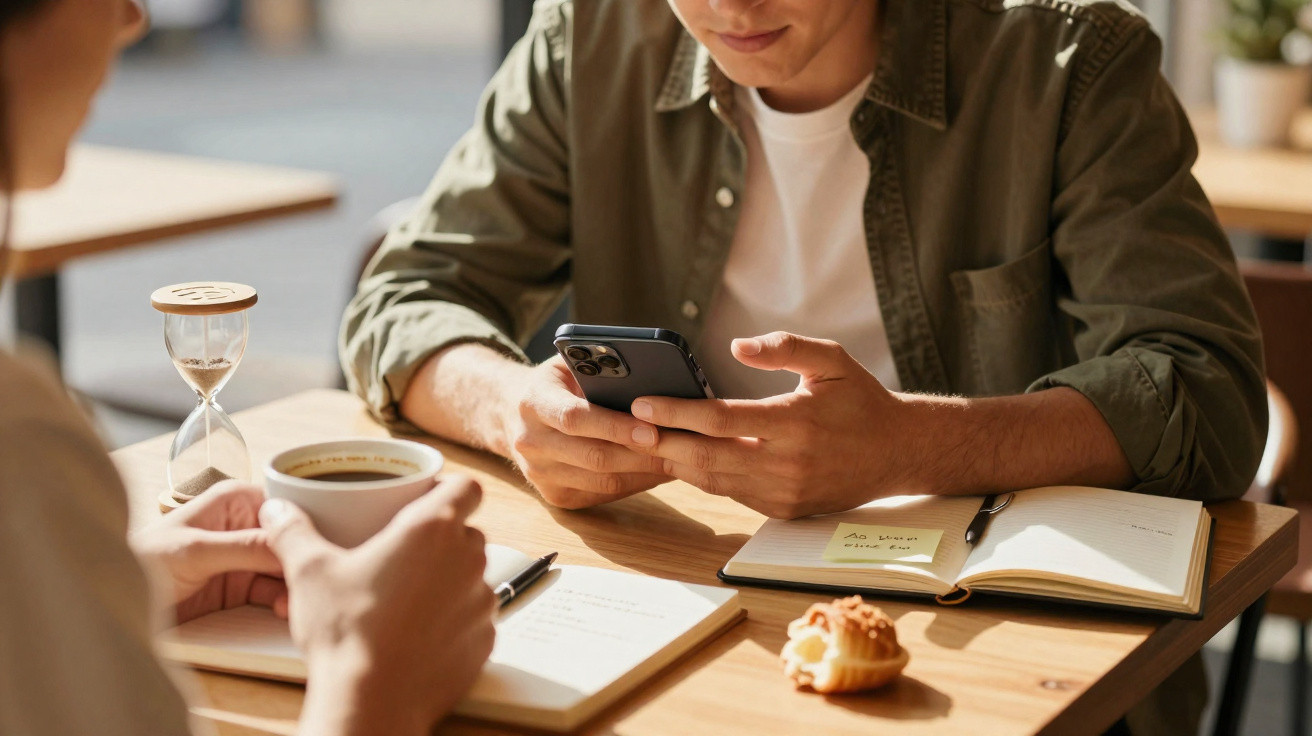 Zwei Personen sitzen am Holztisch, eine hält ein Smartphone, die andere eine Tasse Kaffee, Notizbücher und Sanduhr.