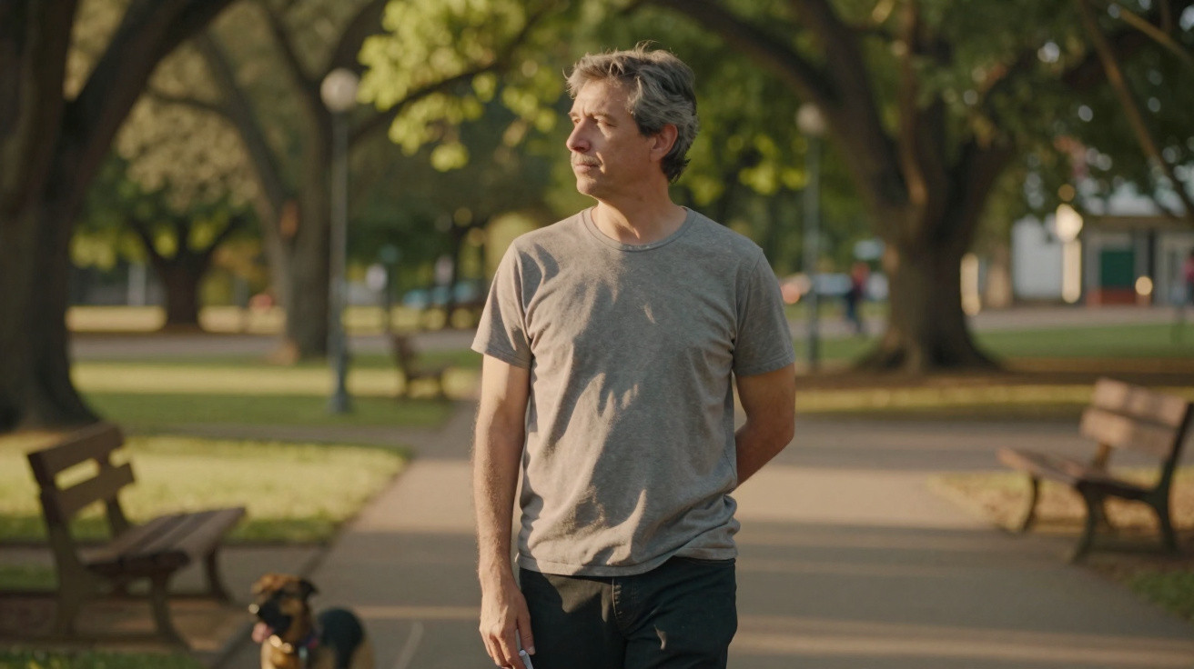 Mann in grauem T-Shirt geht in Park, steht auf Gehweg, im Hintergrund Bänke und Bäume bei Sonnenlicht.