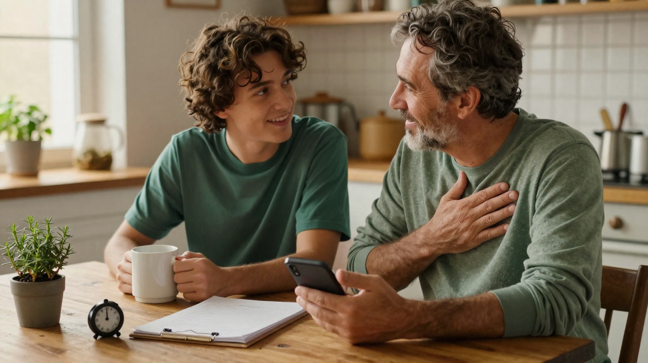 Vater und Sohn unterhalten sich am Küchentisch, Sohn hält Tasse, Vater zeigt aufs Herz, Smartphone liegt auf dem Tisch.