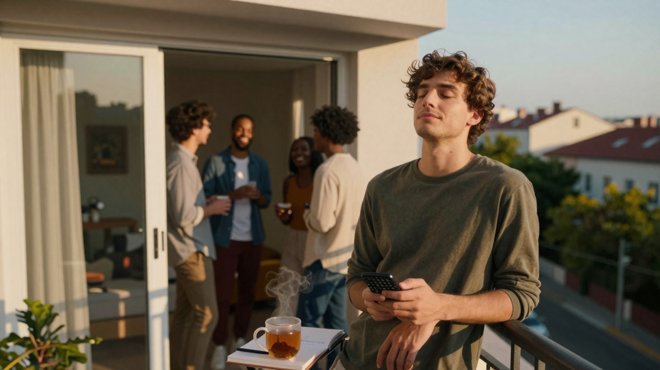 Junger Mann entspannt auf Balkon mit Handy, im Hintergrund Unterhaltung zwischen Freunden auf Terrasse.