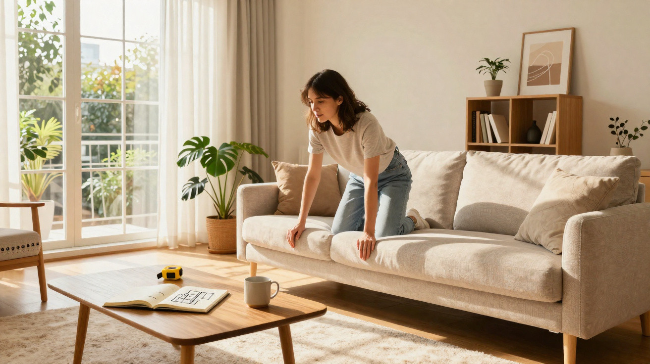 Frau kniet auf hellgrauem Sofa in sonnigem Wohnzimmer mit Holztisch, Pflanzen und Bücherregal im Hintergrund.