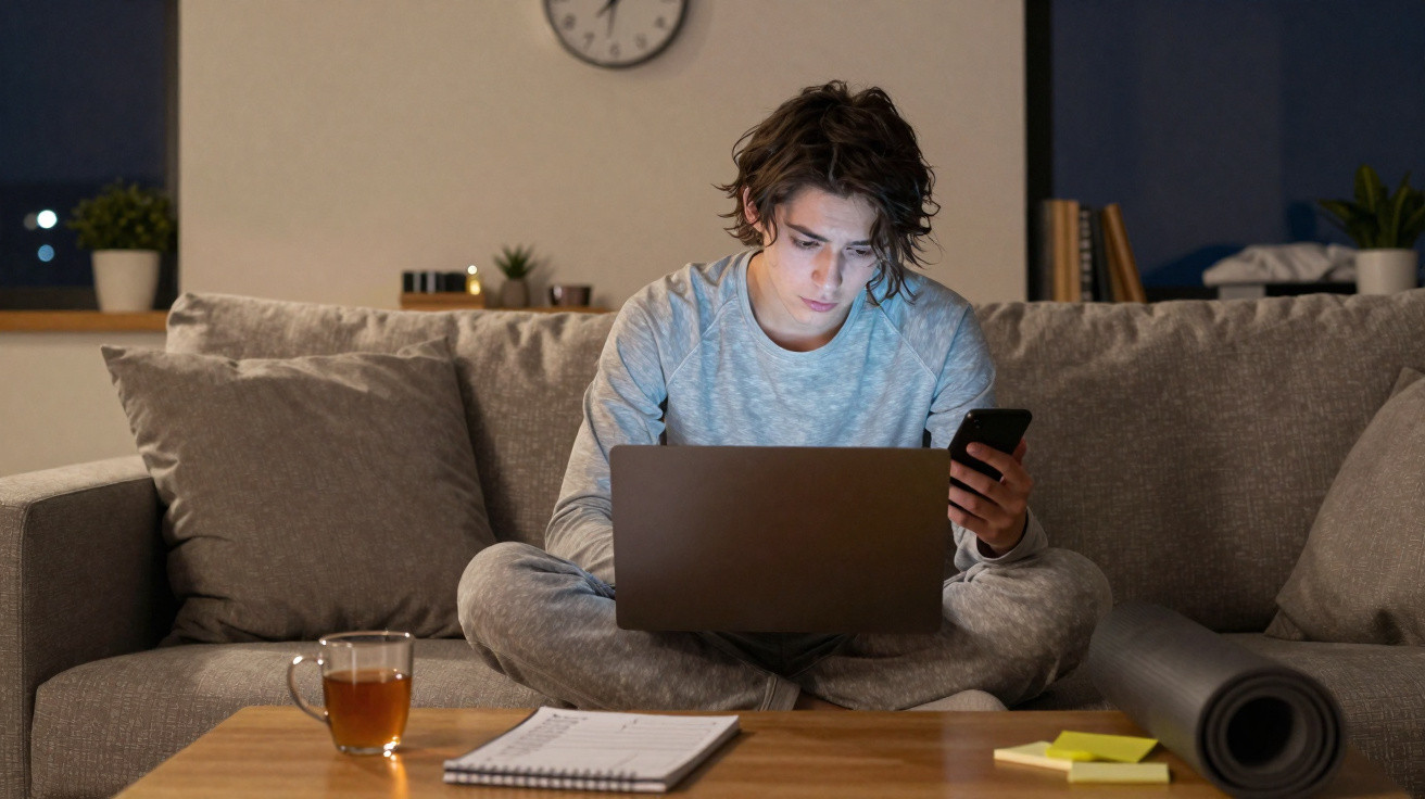Junger Mann sitzt abends auf Sofa, arbeitet mit Laptop und schaut auf sein Smartphone.