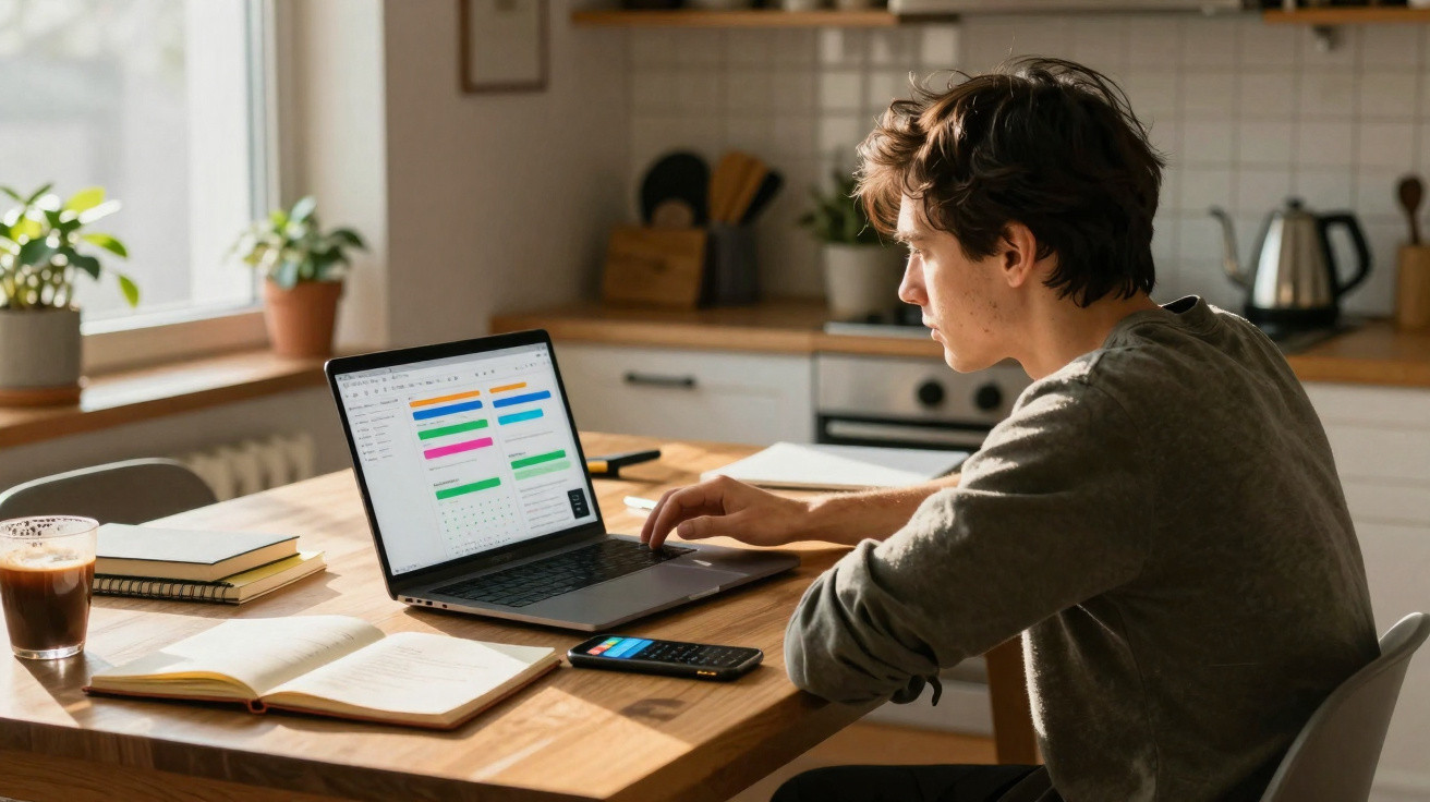 Junger Mann arbeitet fokussiert mit Laptop und Kalender-Apps am Küchentisch im Tageslicht.