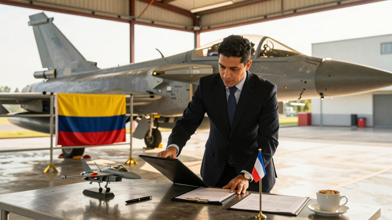 Mann in Anzug unterschreibt vor einem Kampfjet in Hangar, kolumbianische und französische Flagge sichtbar.