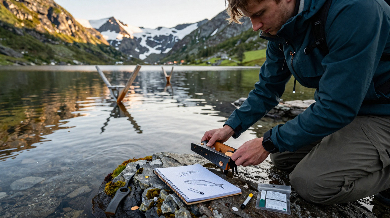Mann nagt am Seeufer mit Bergen im Hintergrund, neben Skizzenblock und Camping-Werkzeugen auf Steinen.