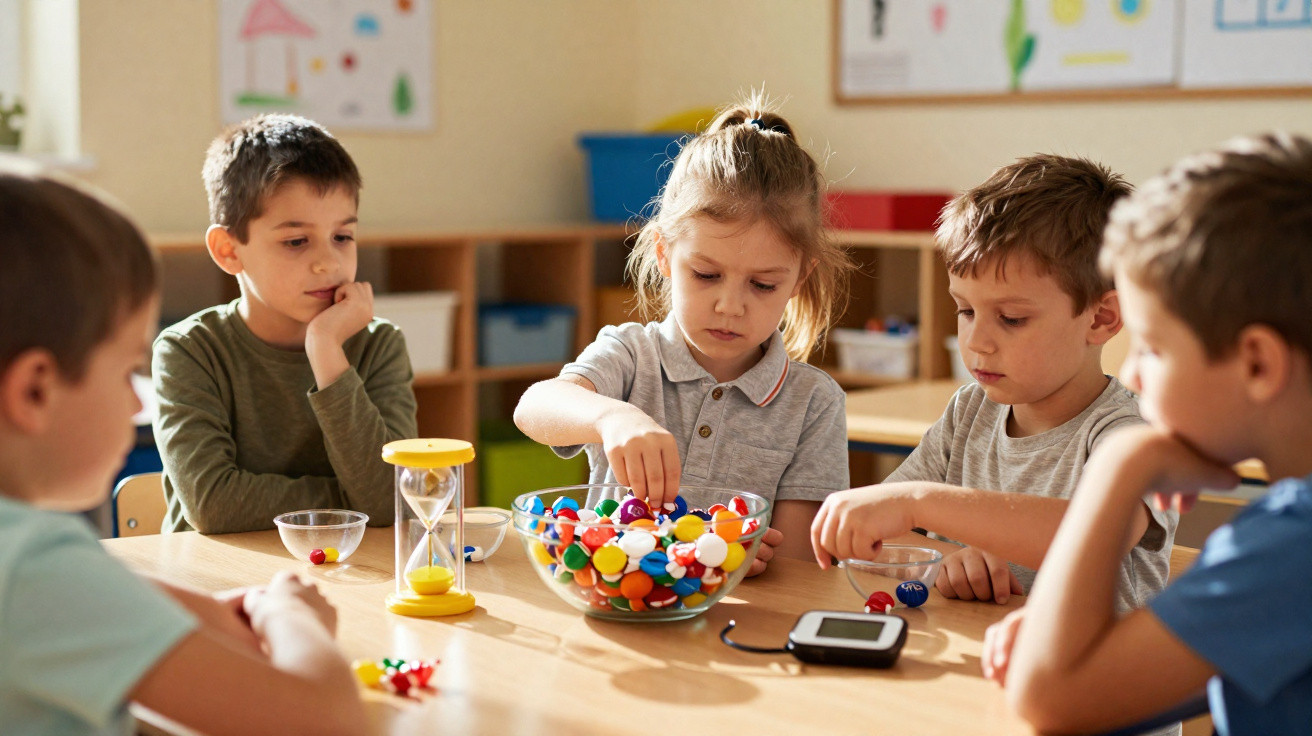 Kinder sitzen an einem Tisch und spielen mit bunten Spielsteinen in einem Klassenzimmer.