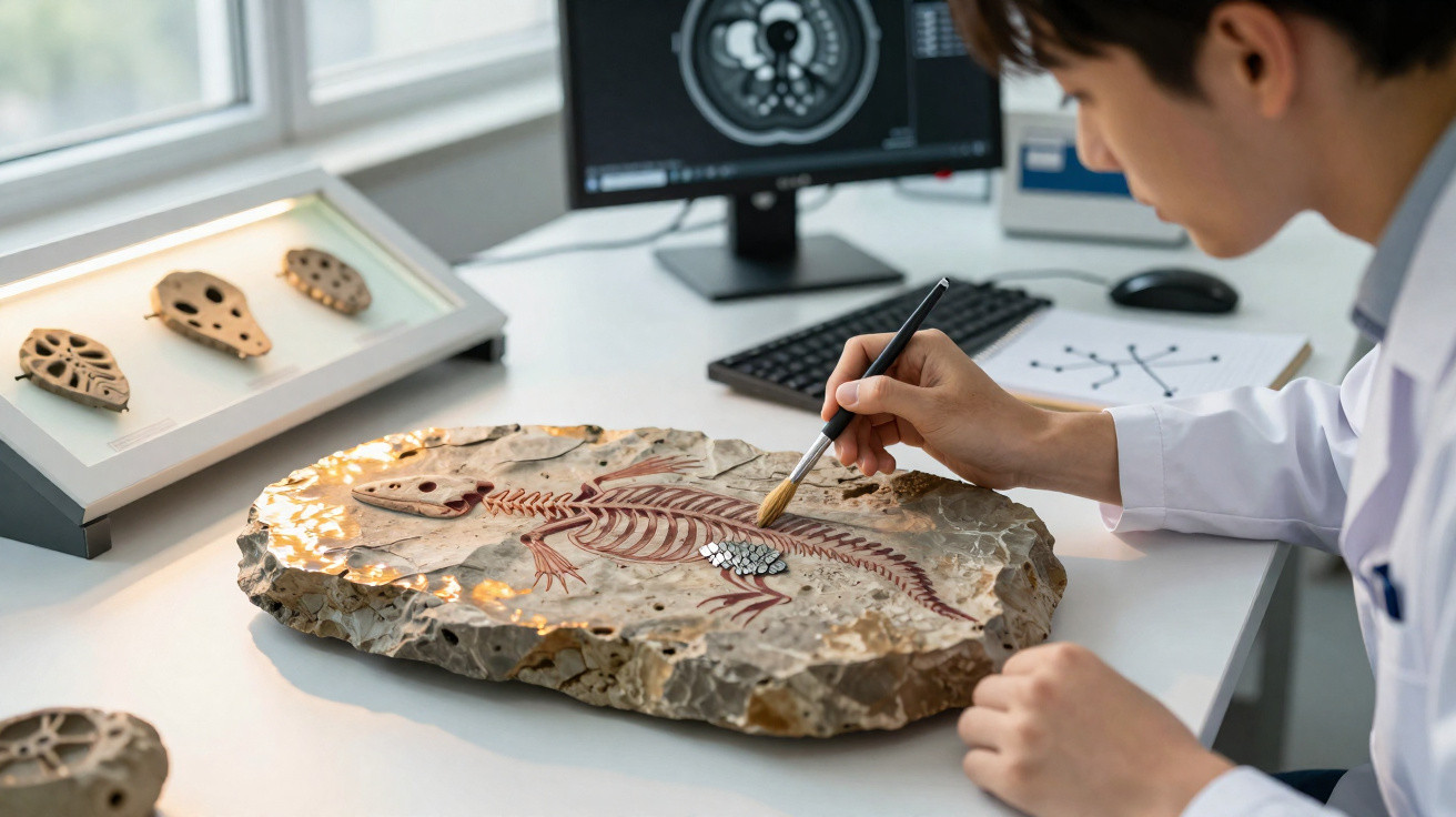 Wissenschaftler säubert und untersucht ein versteinertes Saurierskelett auf einem Tisch im Labor.