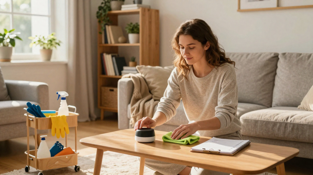 Frau reinigt Wohnzimmer-Holztisch mit Smart-Home-Gerät und Tuch, Wohnzimmer mit Sofa und Staubtuchwagen im Hintergrund.
