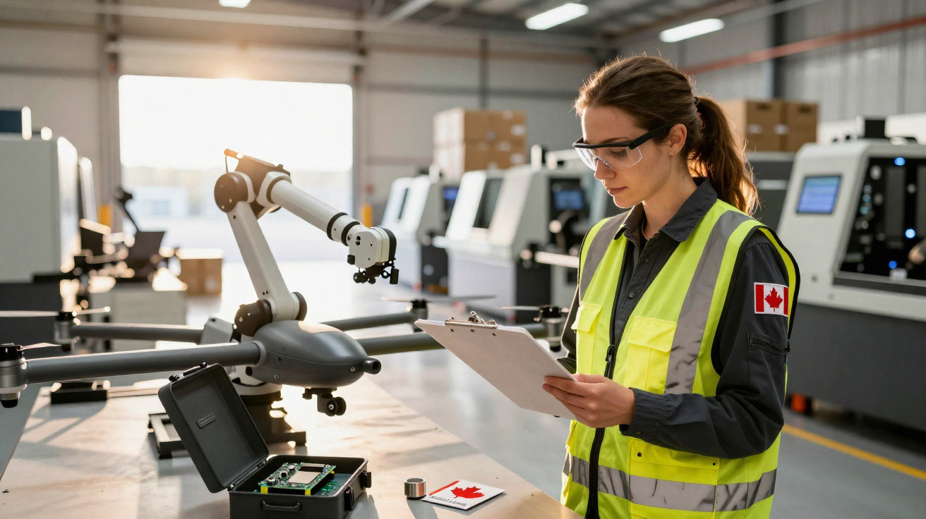 Technikerin mit Warnweste und Schutzbrille prüft Drohne und notiert Daten in moderner Werkstatt.