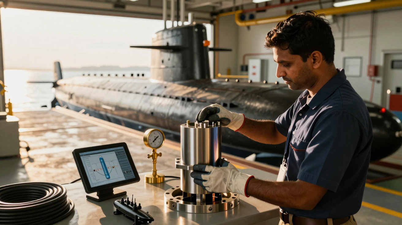 Techniker arbeitet mit technischem Gerät in einer Halle, im Hintergrund ein großes U-Boot sichtbar.