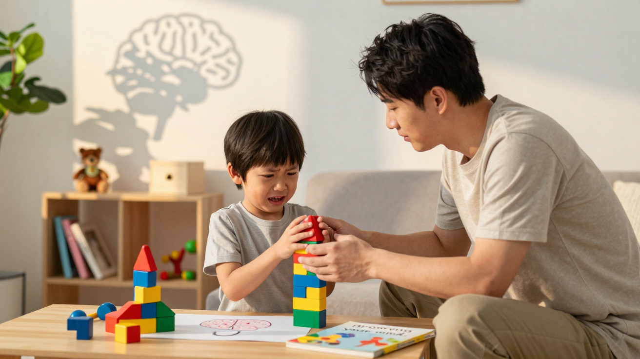 Vater und Sohn bauen gemeinsam mit bunten Bauklötzen am Tisch im Wohnzimmer.
