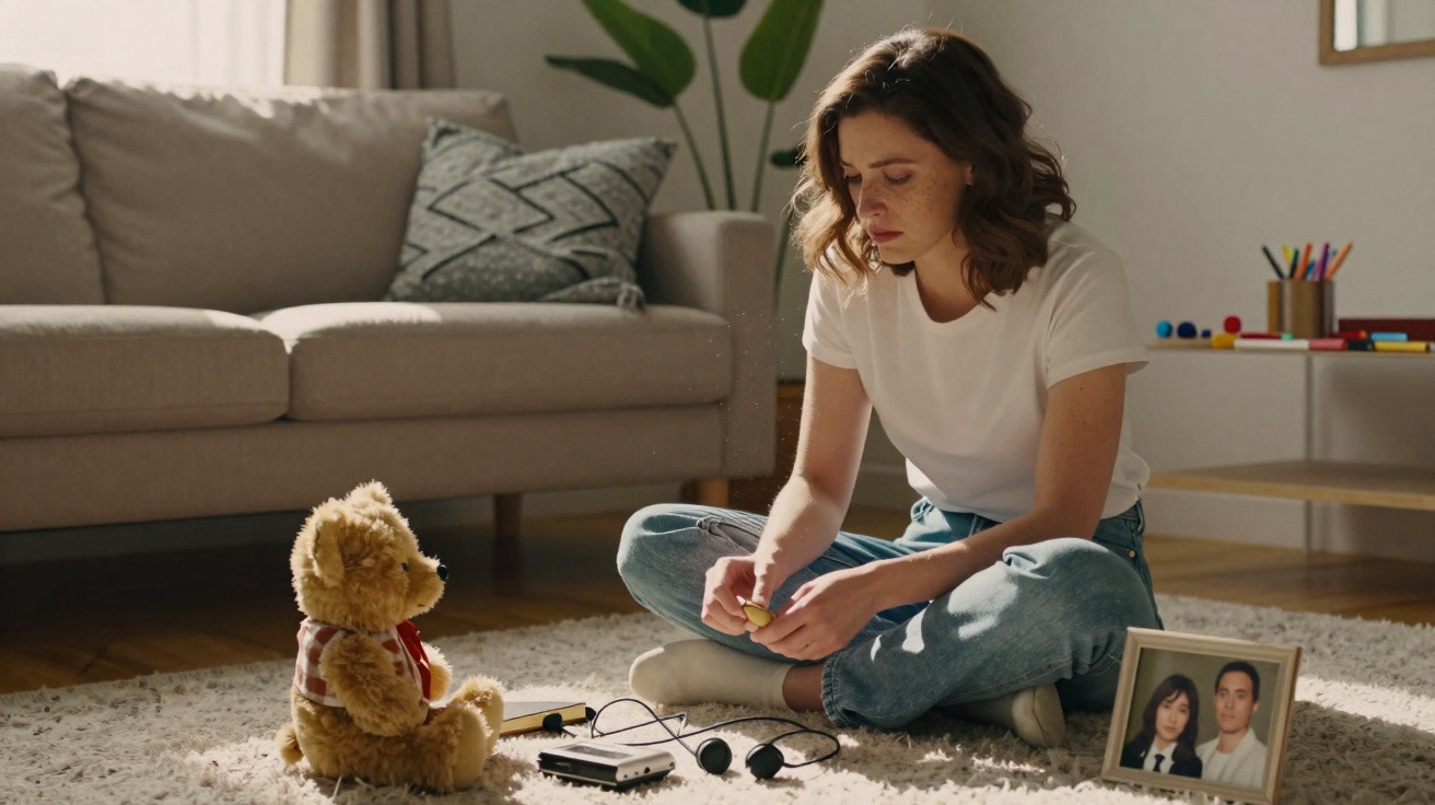 Frau sitzt nachdenklich auf dem Teppich mit Teddy, Kassettenrekorder und Familienfoto im Wohnzimmer.
