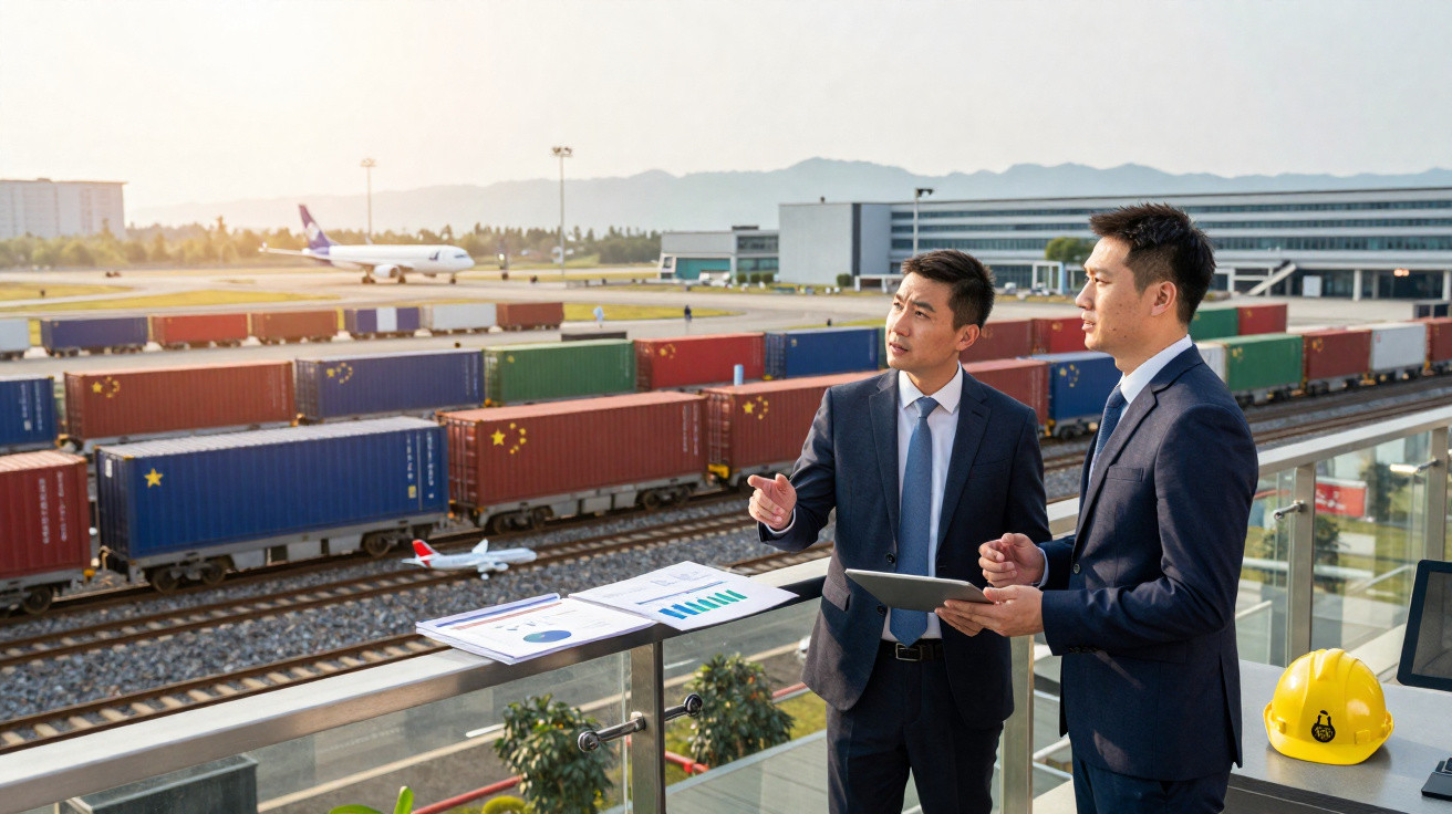 Zwei Geschäftsleute in Anzügen diskutieren vor einem Containerbahnhof mit Flugzeugen und Auswertungen.
