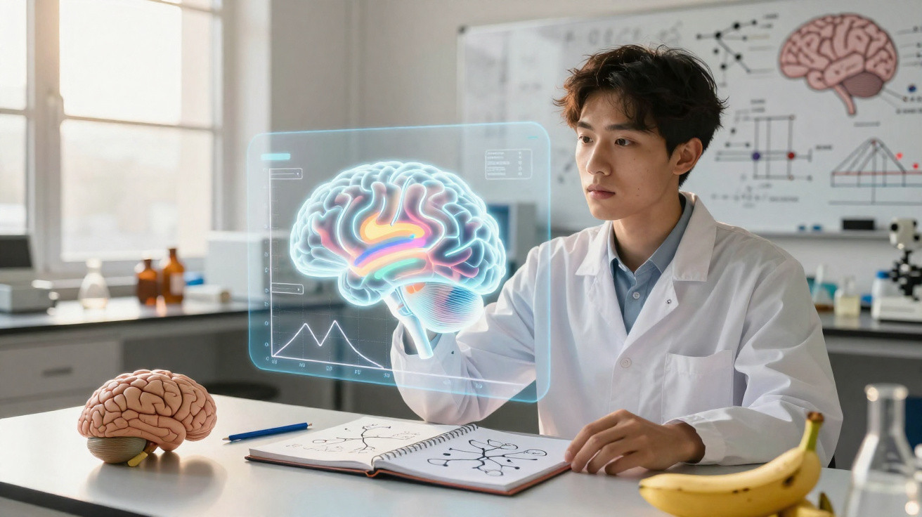 Junger Wissenschaftler im Labor analysiert digitales 3D-Gehirnmodell, neben anatomischem Gehirn und Notizen.
