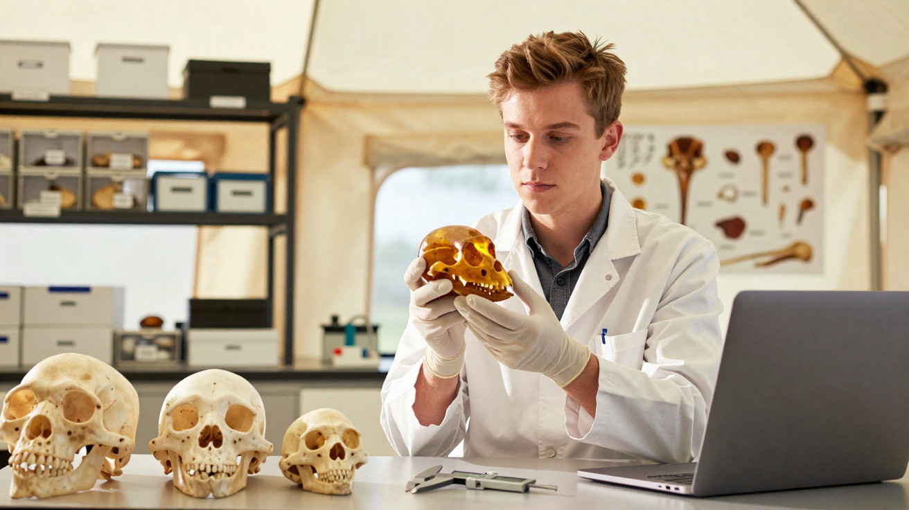 Junger Wissenschaftler untersucht menschliche Schädelmodelle in einem Labor mit Laptop und Messwerkzeug.