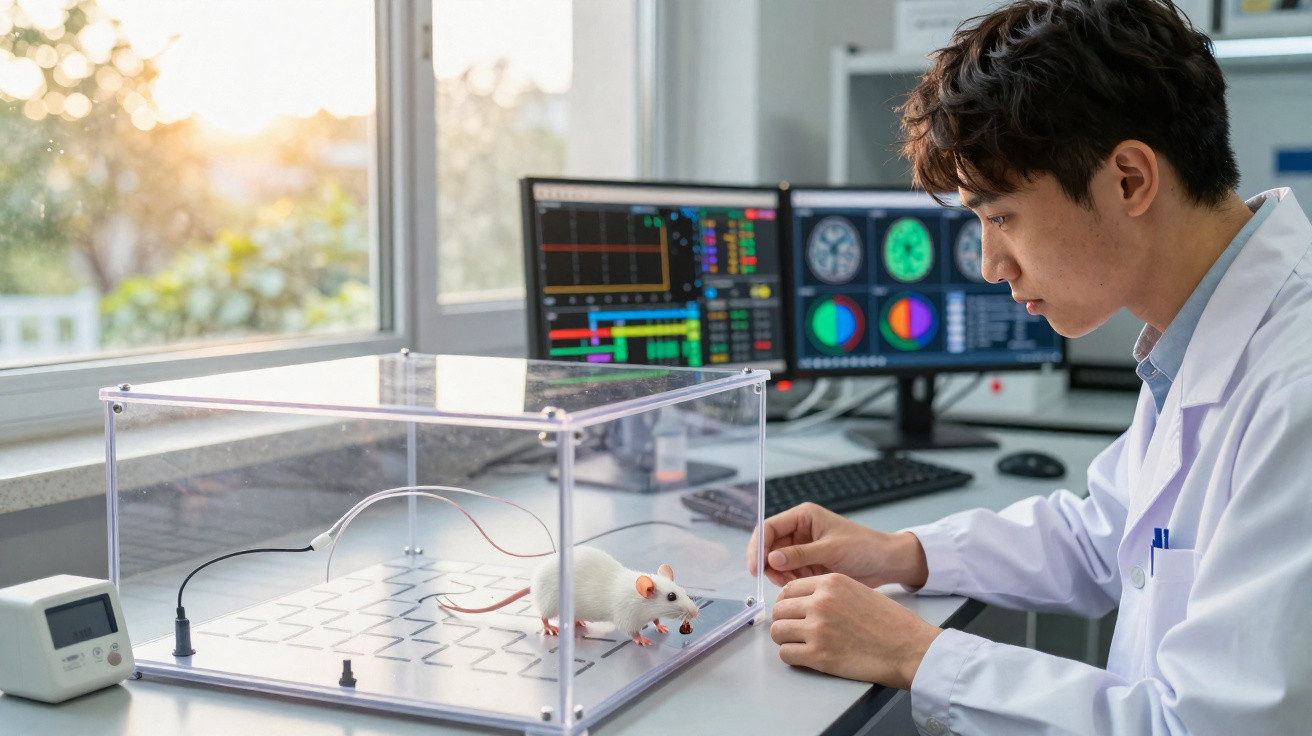 Forscher im Labor beobachtet eine weiße Maus in einem transparenten Käfig neben Computermonitoren mit Datenanzeigen.