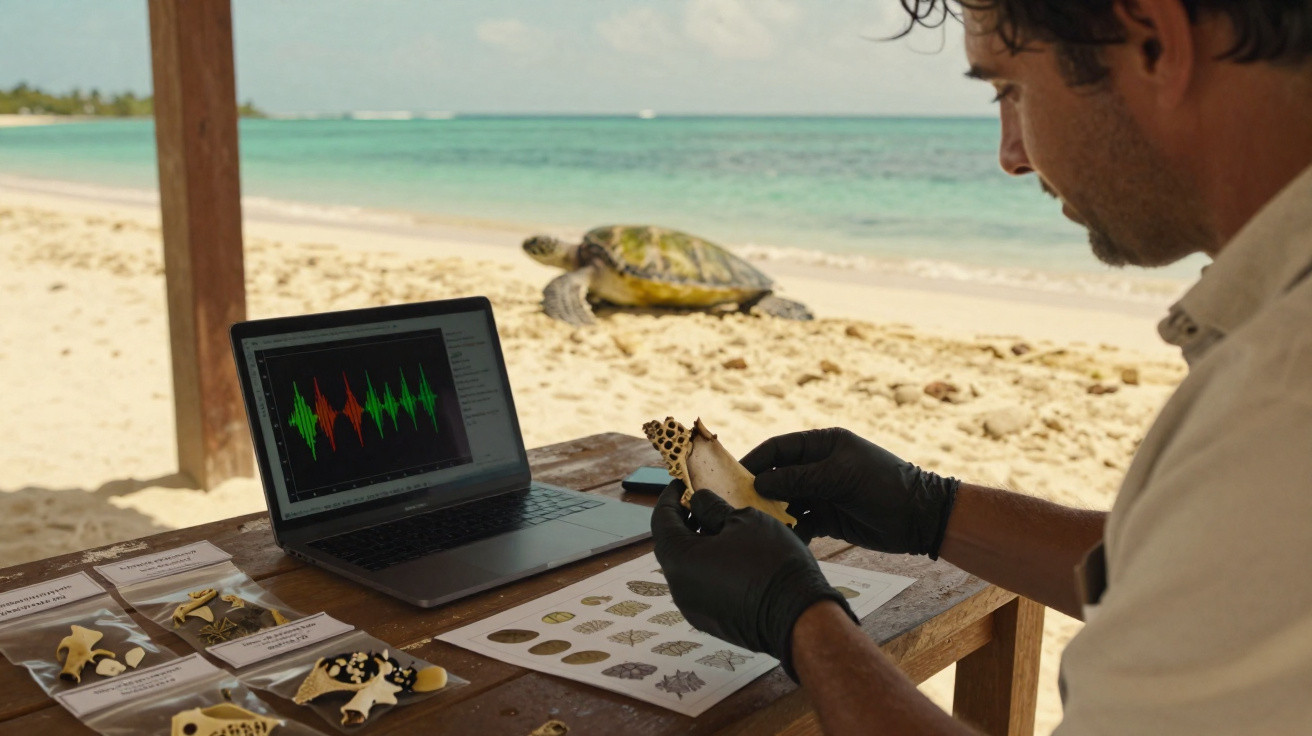 Forscher am Strand untersucht Meeresschildkrötenpanzer neben Laptop und Schildkröte im Sand.