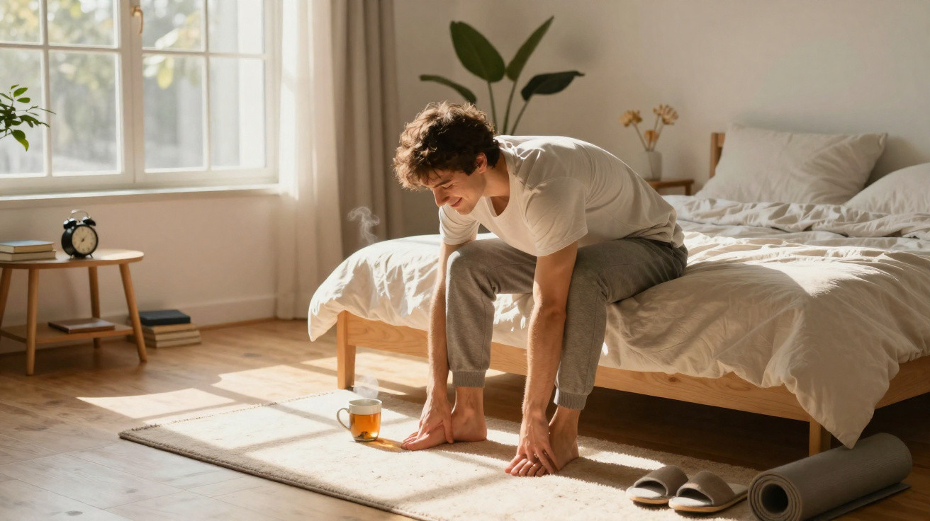 Junger Mann sitzt auf Bett, berührt Füße, warmer Tee dampft auf Teppich in sonnigem Schlafzimmer.