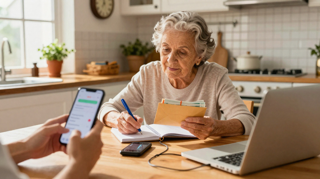 Ältere Frau schreibt Notizen und hält Umschläge, während eine andere Person ein Smartphone hält.