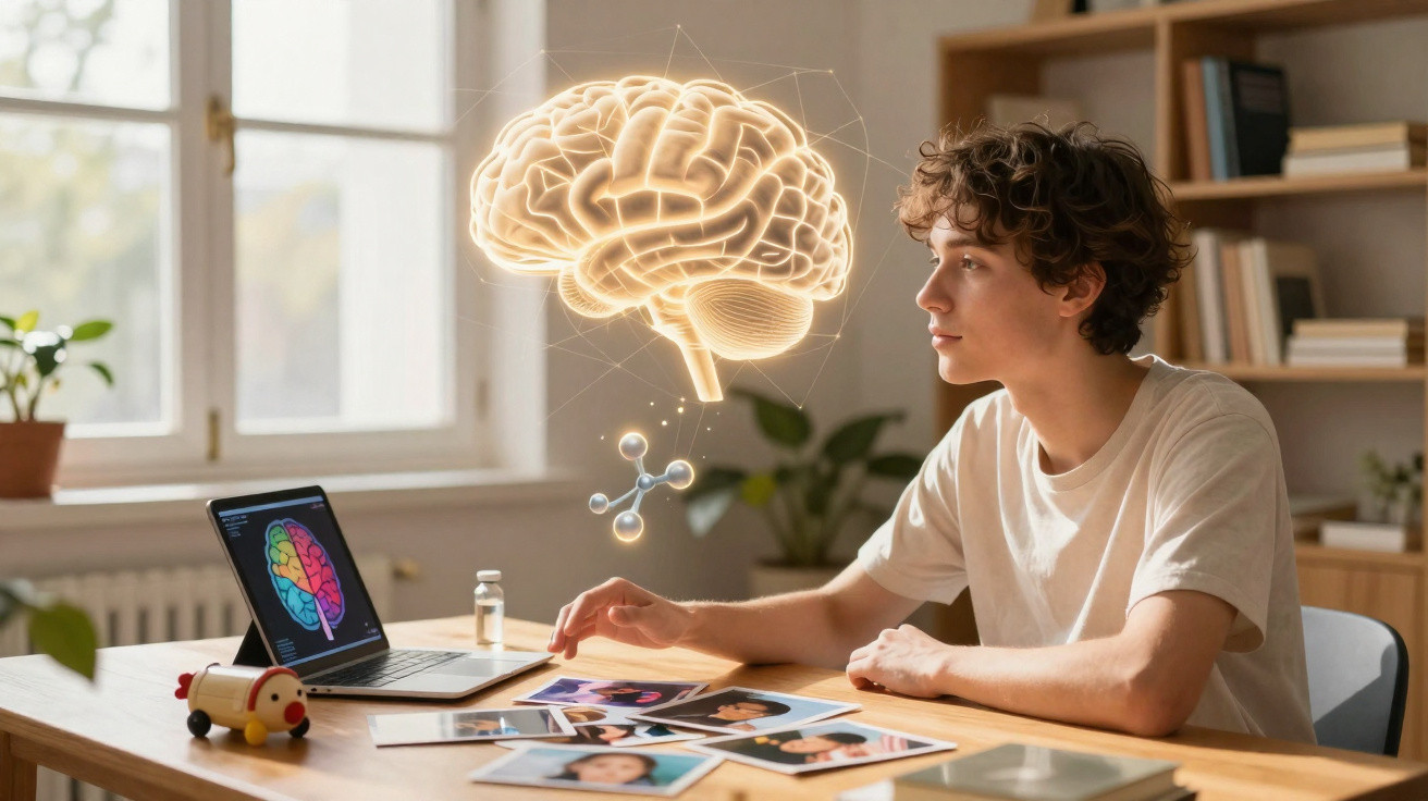 Junger Mann sitzt am Tisch mit Laptop und betrachtet virtuell dargestelltes leuchtendes Gehirn im gut beleuchteten Raum.