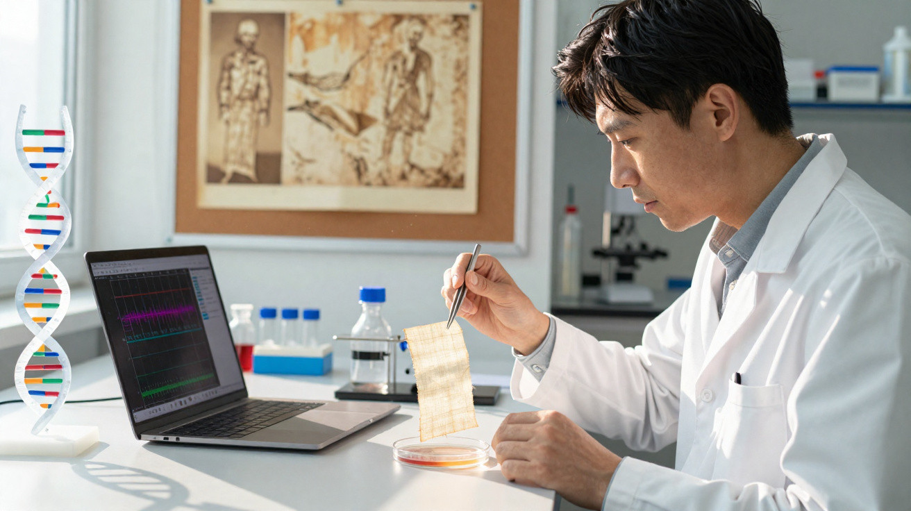 Wissenschaftler im Labor untersucht mit Pinzette antikes Pergament neben Laptop und Modell einer DNA-Struktur.