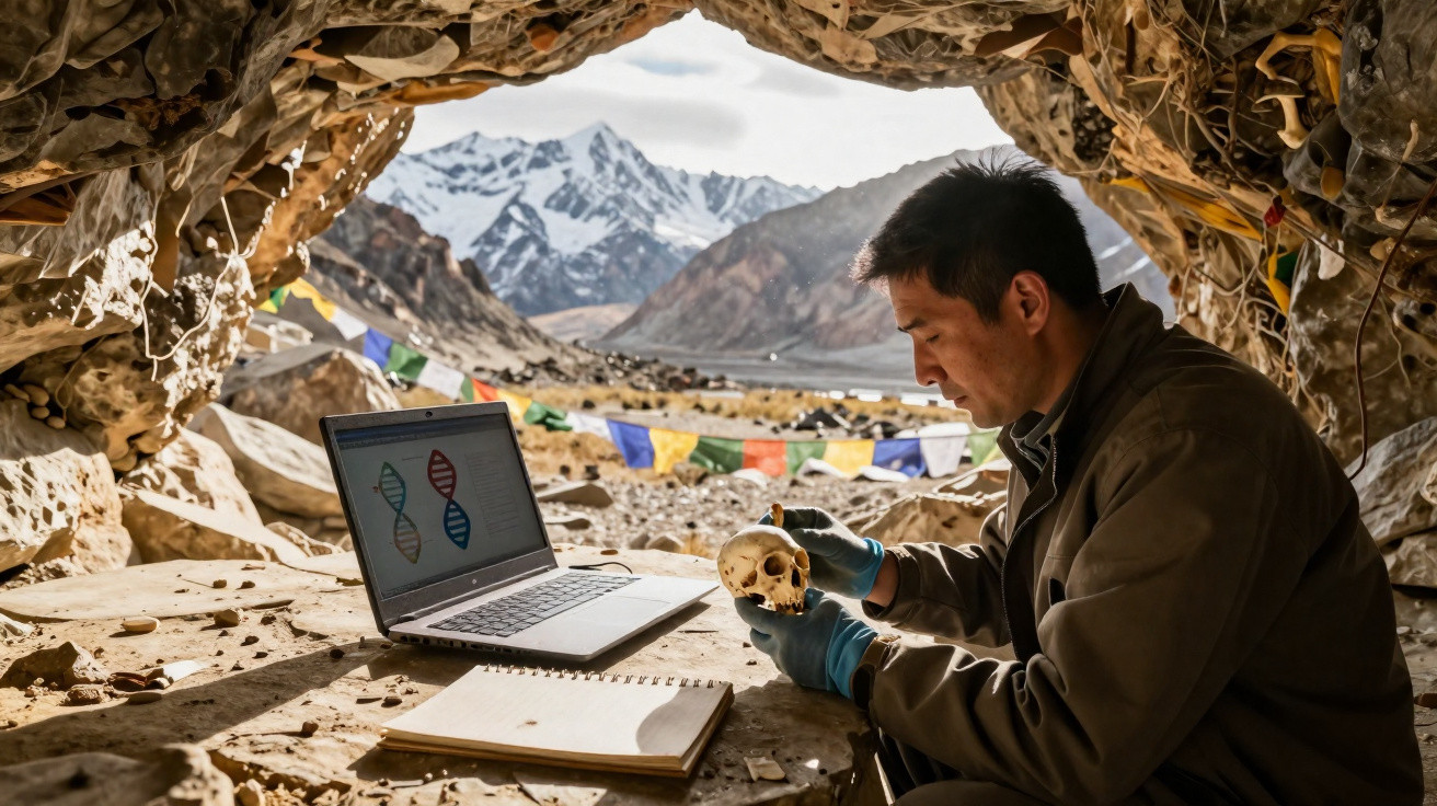 Archäologe mit Handschuhen untersucht Schädel in Höhle, Laptop und Notizbuch auf steinigem Untergrund, Bergpanorama.