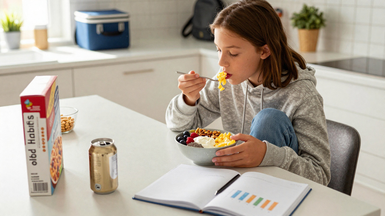 Mädchen sitzt in der Küche und isst Frühstück aus Schüssel mit offenem Buch auf dem Tisch.